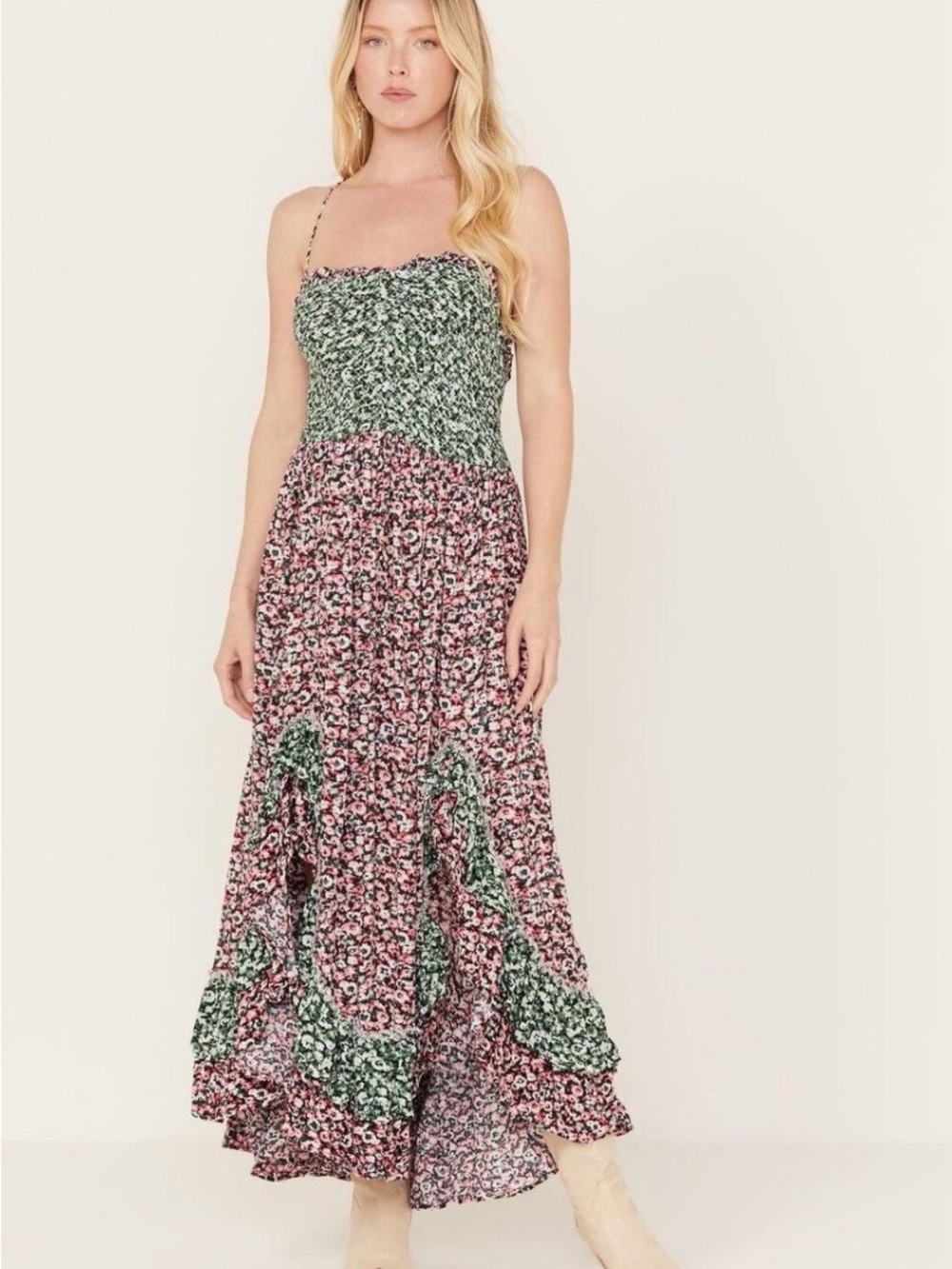 Free People One I Love Pink and Green Floral Dress Medium